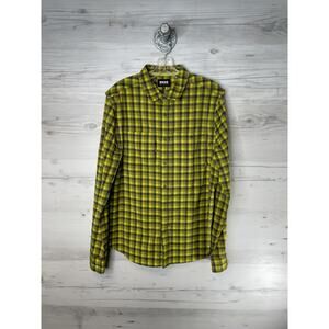Bass Outdoor Shirt Mens Medium Yellow Black Plaid Long Sleeve Button Up Stretch